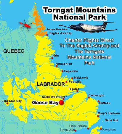 Torngat National Park map showing Saglek Airstrip and Base Camp