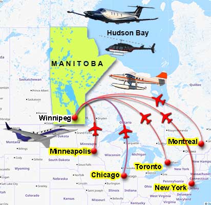 Manitoba flight map showing routing to Winnipeg and northern fly-in resorts