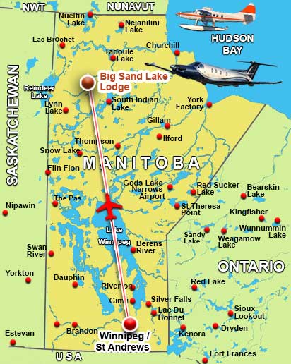 Map showing the location of Big Sand Lake Lodge in northern Manitoba