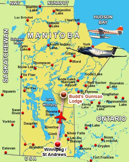 Map showing the location of Budd's Gunisao Lake Lodge in northern Manitoba