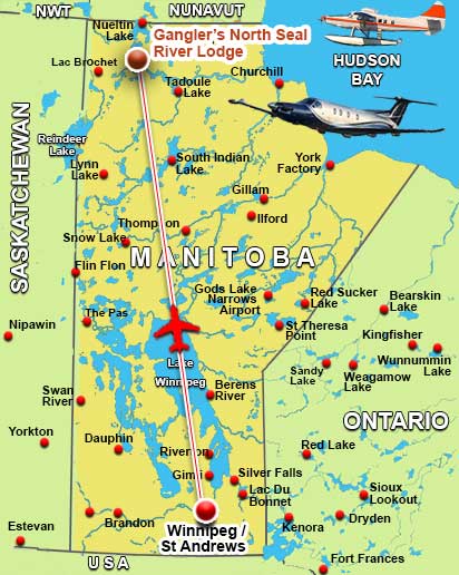 Map showing the location of Gangler's North Seal River Lodge in Northern Manitoba