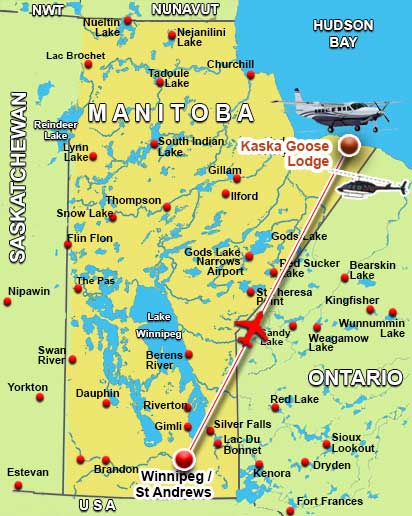Map showing the location of Kaska Goose Lodge on the Kaskattama River near Hudson Bay, Manitoba