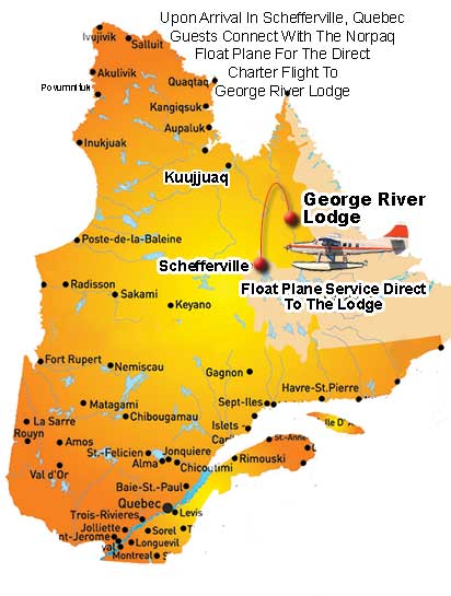 Map showing flights to George River Lodge from Schefferville, northern Quebec
